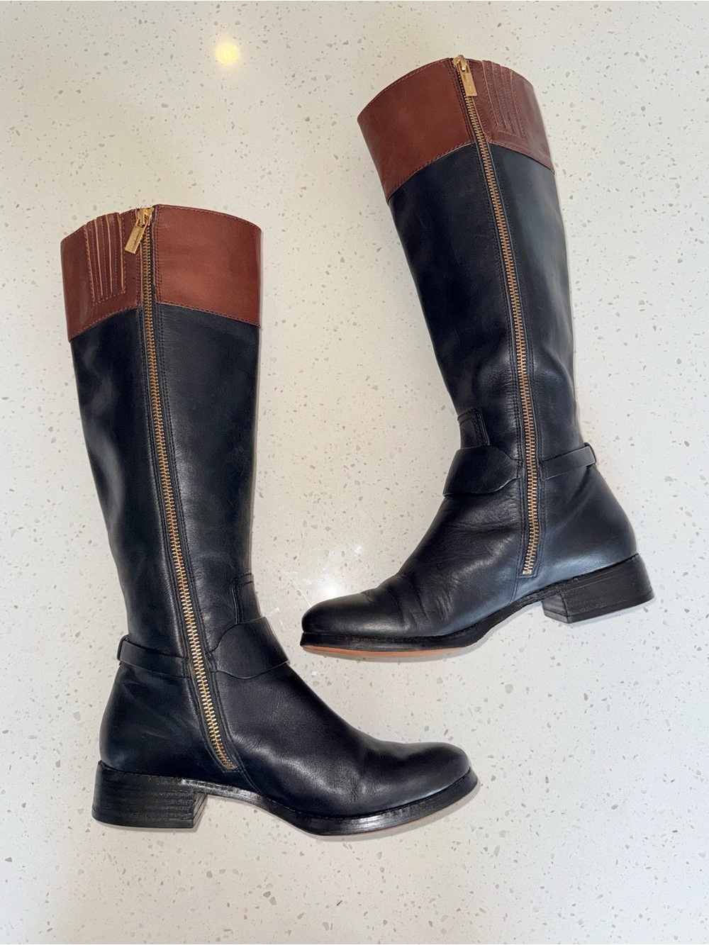 Michael Kors Black Leather Riding Boots with Brown Cuff - Picture 5 of 14